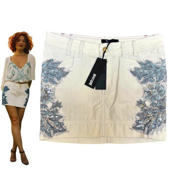 JUST CAVALLI Y2K STYLE SEQUINED FLORAL WHITE MINI JEAN SKIRT SMALL‎ 26